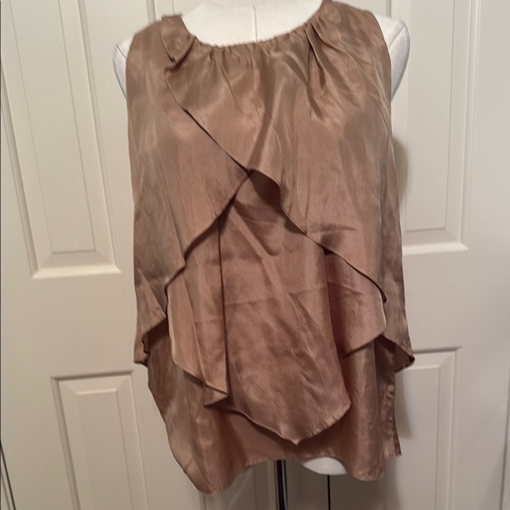 Tan Sleeveless Asymmetrical Ruffled Blouse